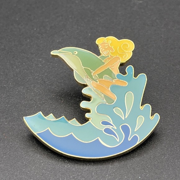 Other - Pin Up Blonde‎ Woman Riding Dolphin Waves Lapel Hat Pin